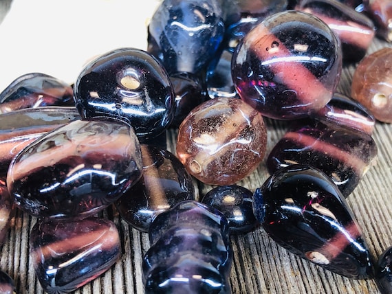 50pc Vintage Iridescent Carnival Glass Beads: Purple Pink Mix