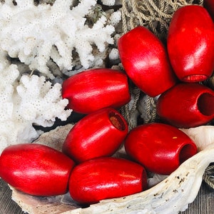 1970&#39;s / 8 LARGE Red Macrame Wood Beads / Oval Macramé Beads / Natural Wood Beads / New Old Stock.SKU {D10-150#0160}