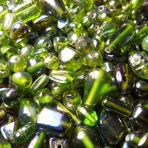 50grams Vintage Carnival glass beads / Iridescent Green Glass Beads /  Glass Beads / Mixed Shape Green Beads. {C2-84#00600}