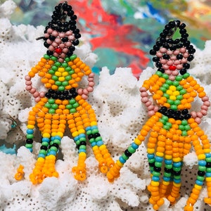 Mexican Lady Earrings /  Beaded Earrings / Fiesta Earrings/  Frida Jewelry /Tassel Beaded Earrings .{B7-67#00495}