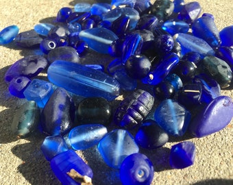 50pcs Vintage Blue Sea Glass Mix Glass Beads/ BULK Blue Navy Assorted Shapes Matte Beads /Vintage Jewelry Supplies {R6-1648#002432}