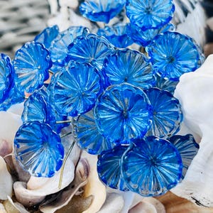 8 Transparent Blue Glass Flower Pin Charms-Glass Headpins - Millinery - Flower Beads - Handcrafted - Brass Wire.{Y1-30683#5341}