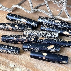 10pc  Bone Pipe 1&quot; Beads/Black Marbled Bone Beads, Rustic/Tube Beads. {D9-146#01050}