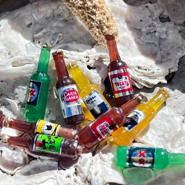 SUPPLY:  8pcs Mix - Mexican Mini Plastic Beer Bottles - Crafts - Mexican Folk Art /Jewelry Making /embellishments .{F3-205#001371}