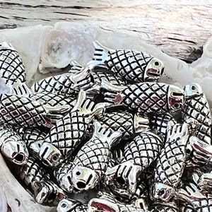 25 Silver Toned Fish Beads: Double-Sided Charms (5.5X14MM)