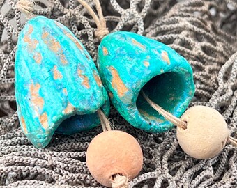 Hand-Painted Terra Cotta Pod Beads: Unique Ceramic Pair