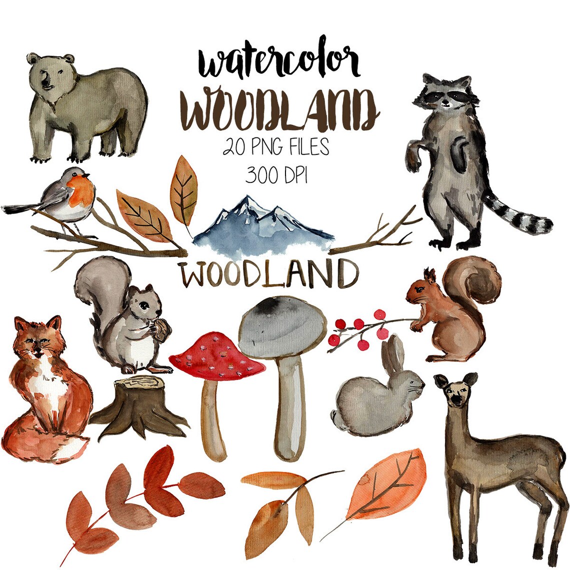 Woodland Watercolor Clipart Woodland Animal Clipart - Etsy
