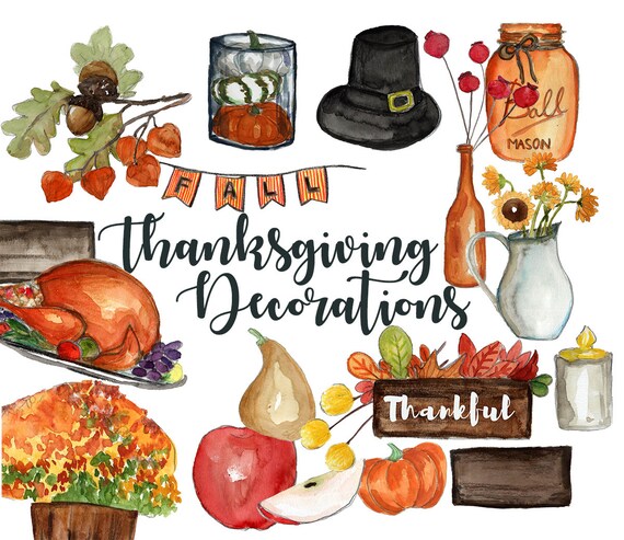 Thanksgiving Decorations Clipart Set Watercolor Thanksgiving Etsy