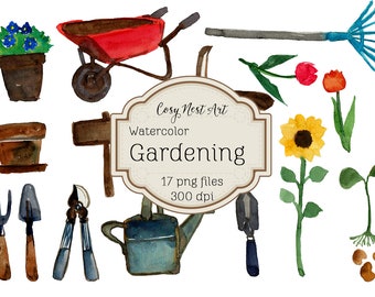 Gardening clipart set, watercolor clipart, garden tools clipart, instant download