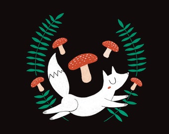 Fox, ferns & mushrooms - Cottage core - PRINT