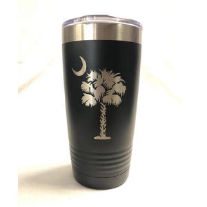 South Carolina Crescent Moon an Palmetto Tree Laser Engraved Travel Mug, 18 Colors | 20 oz Polar Camel Insulated Stainless Steel | Beach Cup