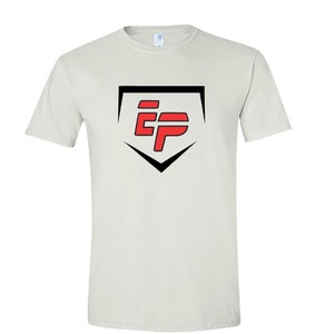 May include: White t-shirt with a black and red baseball logo. The logo features the letters "EP" in red inside a black baseball diamond.