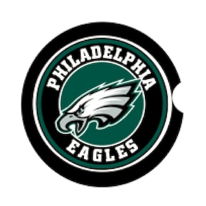 May include: A circular car coaster featuring the Philadelphia Eagles logo. The design includes a green circle with a white and gray eagle head, surrounded by the words "PHILADELPHIA" and "EAGLES" in white text on a black background.