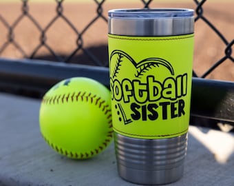 Softball Leather Tumbler with Slider Lid, Laser Engraved Travel Mugs, 20 oz. Stainless Steel, Personalized Softball Gift, Softball mom Gift