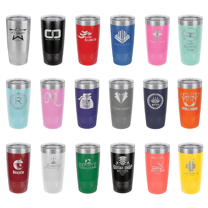 May include: A collection of insulated tumblers in various colors, each with a different design or logo. The tumblers include designs such as a star, infinity symbol, and text like "Casper Building Co." and "Coffee Time." They are made of stainless steel.