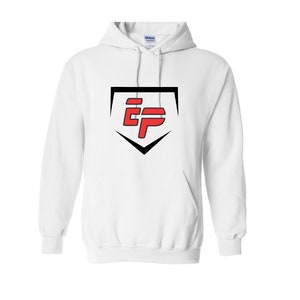 May include: White hooded sweatshirt with a black and white baseball diamond graphic. The letters "CP" are in red inside the diamond.
