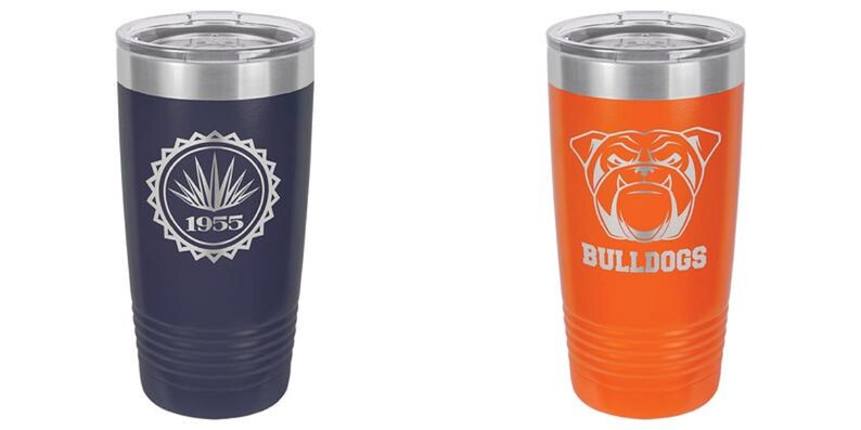 May include: Two insulated tumblers with silver rims and lids. One is navy blue with a silver design and the text "1955". The other is orange with a bulldog graphic and the word "BULLDOGS".