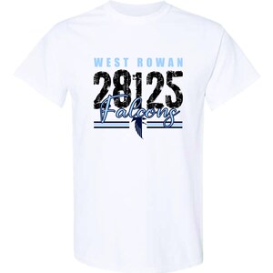 May include: White t-shirt with a blue and black graphic design. The graphic features the text "West Rowan 28125 Falcons" with a blue falcon silhouette.