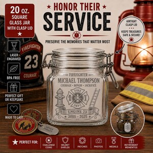 May include: A 20 oz. square glass jar with an airtight metal clasp lid. The front is laser engraved with the text 'FIREFIGHTER MICHAEL THOMPSON', 'COURAGE HONOR SACRIFICE', 'FIRE DEPT', 'ENGINE 23', and '2005-2025', alongside a fire hydrant and ladder.