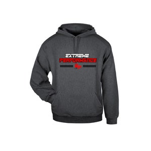 May include: A dark gray hooded sweatshirt with the text "EXTREME PERFORMANCE" in white and red letters.