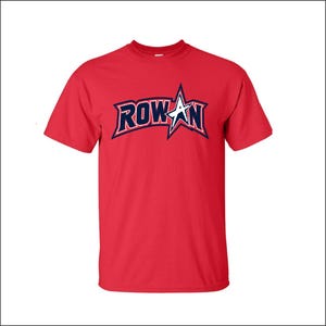 May include: A red t-shirt with the word "ROWAN" in navy blue and white, with a star graphic. The t-shirt is short-sleeved and made of a soft material.