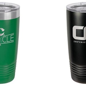 May include: Two insulated tumblers with clear lids. One is green with the word "RECYCLE" and a recycling symbol. The other is black with the "INFINITY MARK" logo. Both tumblers have a silver rim.