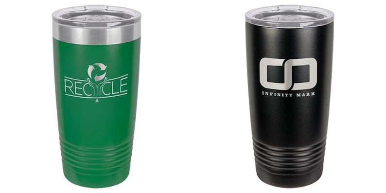 May include: Two insulated tumblers with clear lids. One is green with the word "RECYCLE" and a recycling symbol. The other is black with the "INFINITY MARK" logo. Both tumblers have a silver rim.