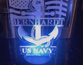 Sailor Light, Navy LED Light, Child's Personalized  Acrylic LED Night Light, Custom LED Light with free slate coaster.