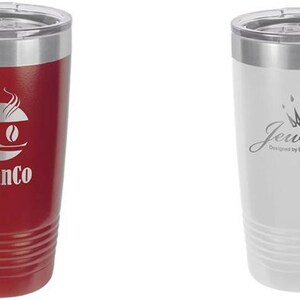 May include: Two insulated tumblers with silver rims and clear lids. One is red with a white "BeanCo" logo, the other is white with a "Jewelry" logo. Both have a ridged design near the base.