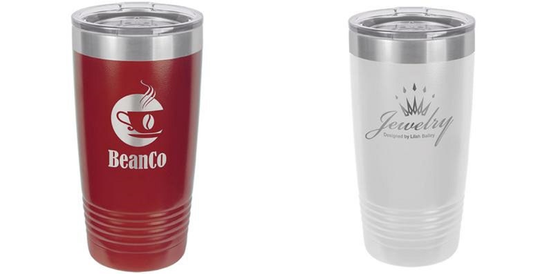 May include: Two insulated tumblers with silver rims and clear lids. One is red with a white "BeanCo" logo, the other is white with a "Jewelry" logo. Both have a ridged design near the base.