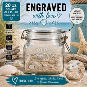 Personalized Sanibel Island Memory Jar | Engraved Beach Vacation Keepsake | 20 oz Sea Glass & Shell Collection Jar | Family Souvenir