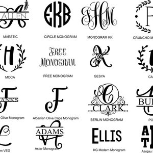 May include: A collection of 12 different monogram designs, including a circle monogram, a free monogram, a cruncho monogram, a moca monogram, an Albanian olive monogram, a Berlin monogram, a poppy monogram, a monogram veg, an aster monogram, a KG modern monogram, and an Aargau stacked monogram.