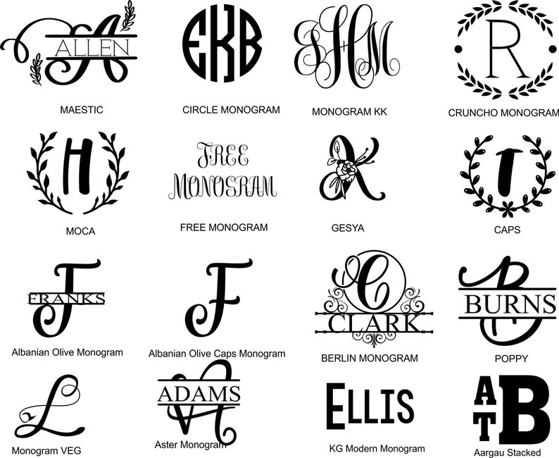 May include: A collection of 12 different monogram designs, including a circle monogram, a free monogram, a cruncho monogram, a moca monogram, an Albanian olive monogram, a Berlin monogram, a poppy monogram, a monogram veg, an aster monogram, a KG modern monogram, and an Aargau stacked monogram.