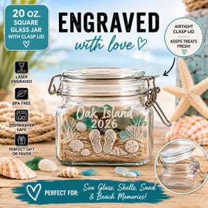 May include: A 20 oz. square glass jar with an airtight metal clasp lid. The front of the jar is laser engraved with the text 'Oak Island 2026' above a beach scene featuring flip-flops, seashells, and sand. The jar is filled with sea glass.