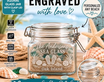 Personalized Sea Glass Memory Jar | Custom Beach Vacation Souvenir Jar | Engraved 20 oz Glass Keepsake with Lid | Family Beach Gift