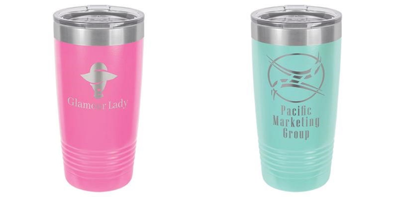 May include: Two insulated tumblers. One is pink with the text "Glamor Lady" and a logo. The other is teal with the text "Pacific Marketing Group" and a logo. Both have a silver rim and lid.