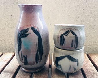 3-Piece Salt Fired Sake Bottle and Cups Set by Raquel Muslin