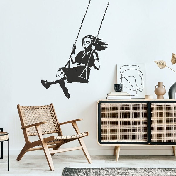 Banksy Swing Girl Wandtattoo, Wall Art Graffiti Mädchen auf Schaukel, Banksy Wandsticker Wandbild, Streetart Girl Wandaufkleber