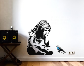 Banksy Wall Decal Girl with blue Bird, Banksy Graffiti Art Wall Sticker, Street Art Decal, Banksy Stencil Art, Urban Home & Office-Decor