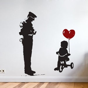 Banksy Wall Decal Cop and Girl with Heart Balloon, TRICYCLE COP Graffiti, Police Guard and Balloon Girl Street Art Wall Sticker, Urban-Decor image 1