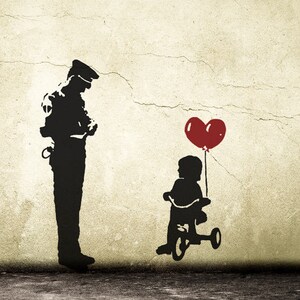 Banksy Wall Decal Cop and Girl with Heart Balloon, TRICYCLE COP Graffiti, Police Guard and Balloon Girl Street Art Wall Sticker, Urban-Decor image 3
