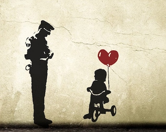 Wall decal BANKSY TRICYCLE COP, police guard and ballon girl, street art wall sticker, graffiti, vinyl art, urban interior, home decor