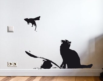 Wandtattoo BANKSY Katze mit Ratte, Streetart Wandaufkleber RATTAPULT, Katz-und-Maus-Spiel Graffiti Ratte Wandsticker