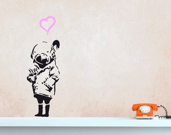 Wall Decal Banksy LITTLE TANK GIRL with heart and little bird, Street Art Kid Wall Sticker, Diver Girl Graffiti Urban Walls, Banksy Stencil