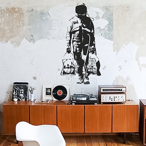 Wall decal BANKSY ASTRONAUT with bags, Street Art Sticker, Spaceman, Graffiti, Banksy Decal Wall Art, modern interior design, urban decor