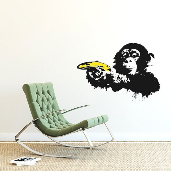 Banksy Wandtattoo Affe mit Warhol Banane, Banksy Monkey Wandsticker Streetart, Popart Monkey Wall Art Wandaufkleber Schimpanse, Office Decor