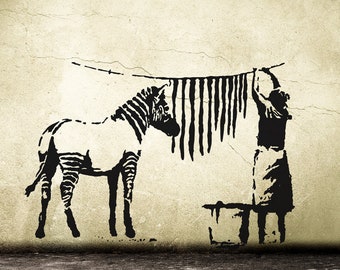 Banksy Decal Zebra Stripes Washing Laundry, Street Art Wall Decal, Graffiti Wall Sticker Vinyl by Urban Art Berlin