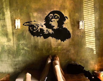 Banksy Monkey Wall Decal, Ape with Warhol banana , Banksy Canvas Wall Sticker, Banksy Street Art Office Wall-Decor, Thinking Monkey Graffiti