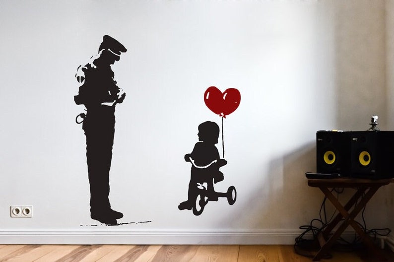 Banksy Wall Decal Cop and Girl with Heart Balloon, TRICYCLE COP Graffiti, Police Guard and Balloon Girl Street Art Wall Sticker, Urban-Decor image 1