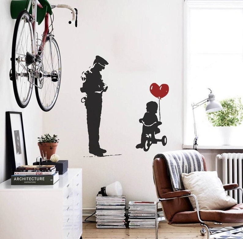 Banksy Wall Decal Cop and Girl with Heart Balloon, TRICYCLE COP Graffiti, Police Guard and Balloon Girl Street Art Wall Sticker, Urban-Decor image 2